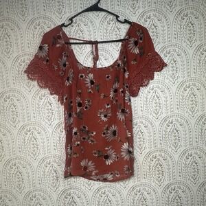 Maurices Burnt Orange Sunflower Print Lace Sleeve Tie Back Top Medium Women's